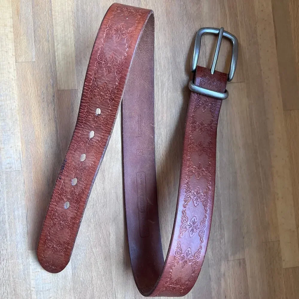 Fossil Genuine Leather Tooled Brown Belt Floral Western Boho Size S